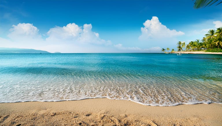 Tranquil tropical beach with turquoise ocean and clear skies, perfect for a summer getaway.
